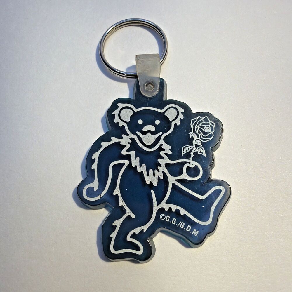 Vintage Grateful Dead Dancing Bear Keychain Blue Rubber PVC GDM Rose Owsley Bear